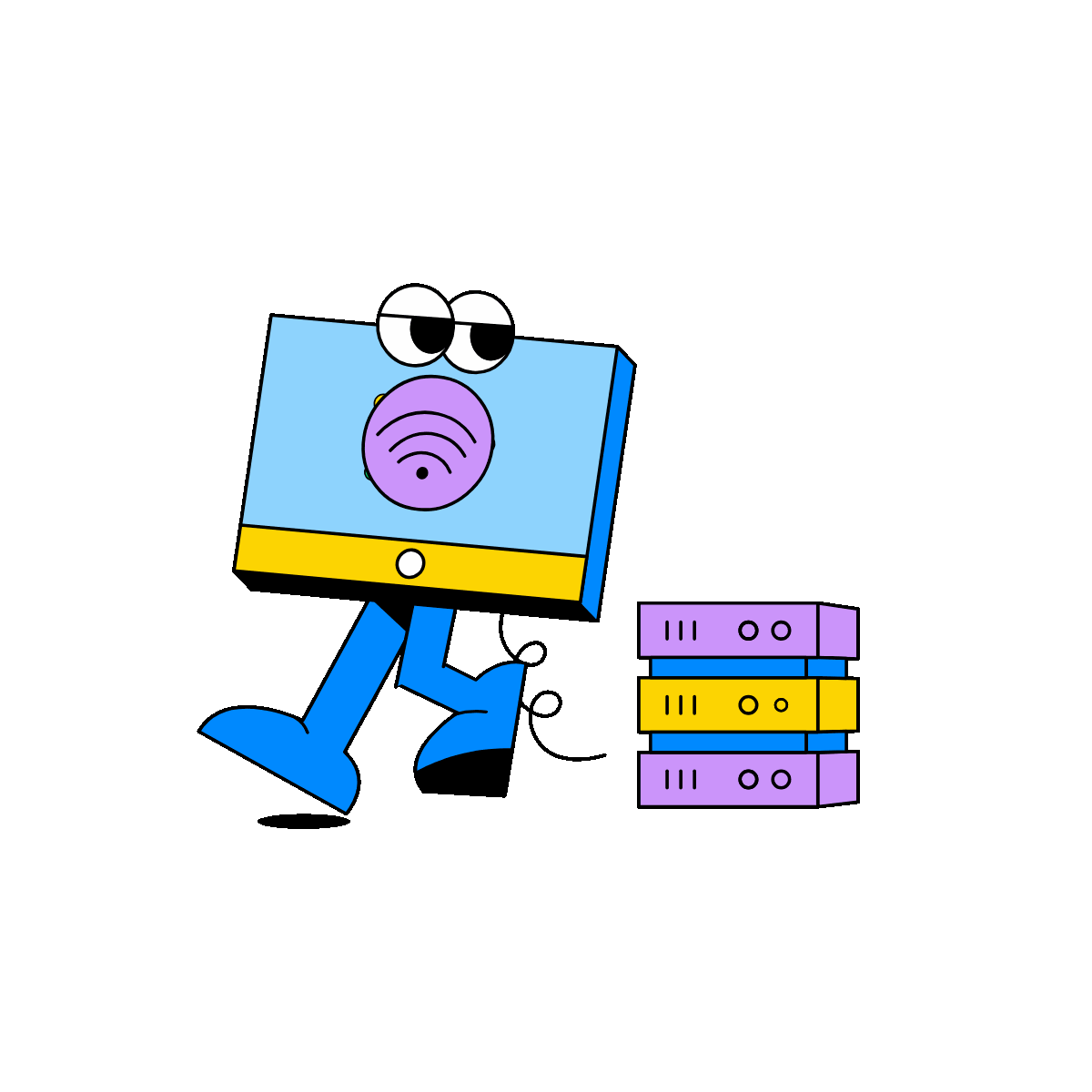 Router character directing data with stacked server blocks
