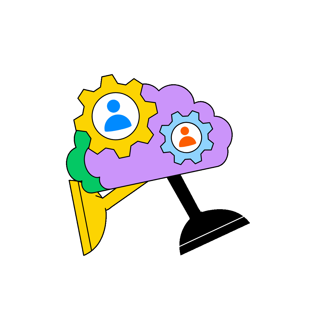 Animatedcloud character with users and gears, representing cloud collaboration, shared teamwork,
