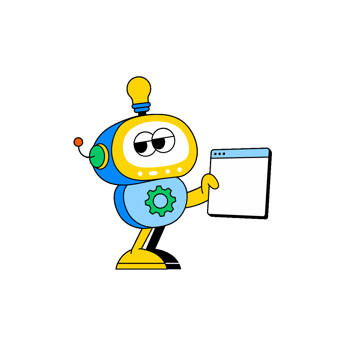 Animated illustration of a robot holding matched preference cards with heart icons.
