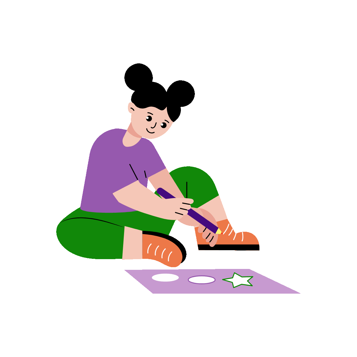 A flat style animated illustration showing a girl drawing