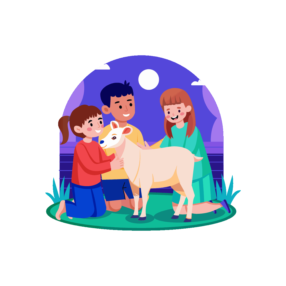 Flat style animated illustration showing kids petting goat