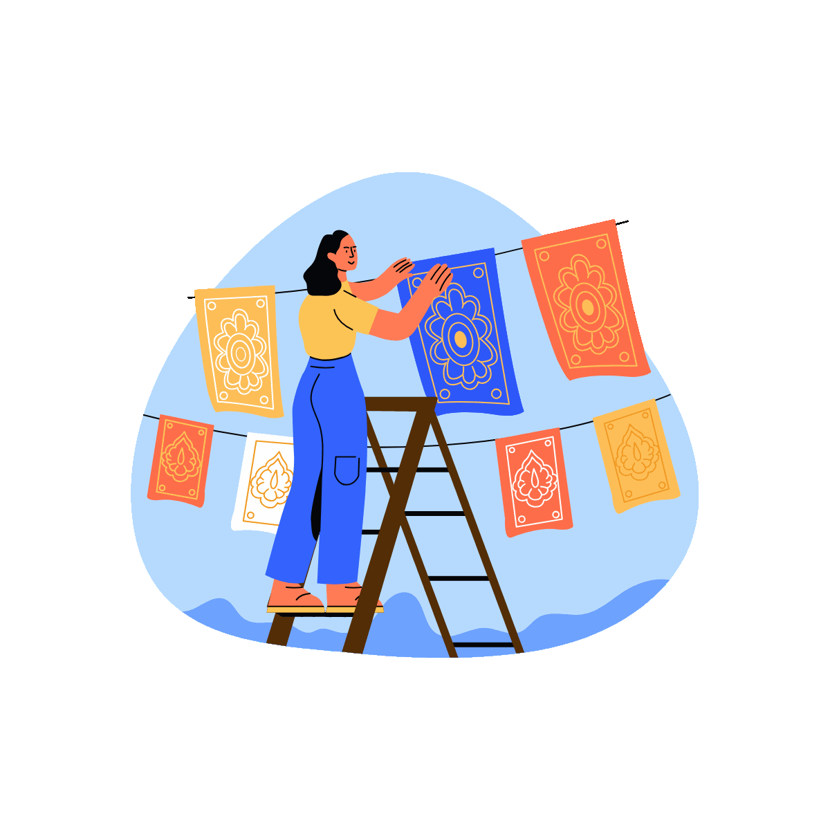 Flat animated woman hanging prayer flags