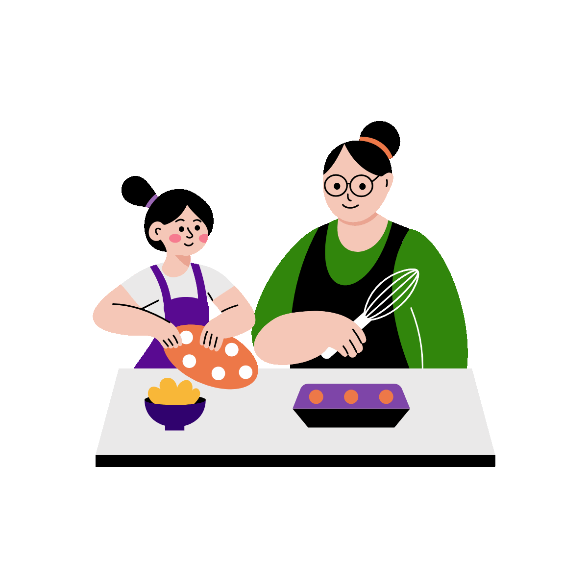 A flat style animated illustration showing a kid baking with her mom