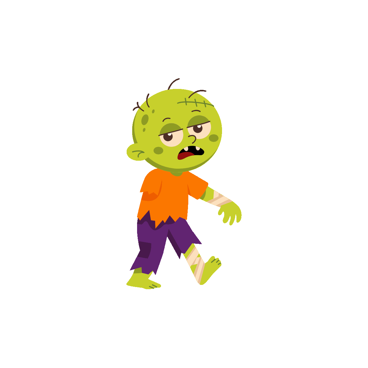 Green zombie kid in torn Halloween clothes