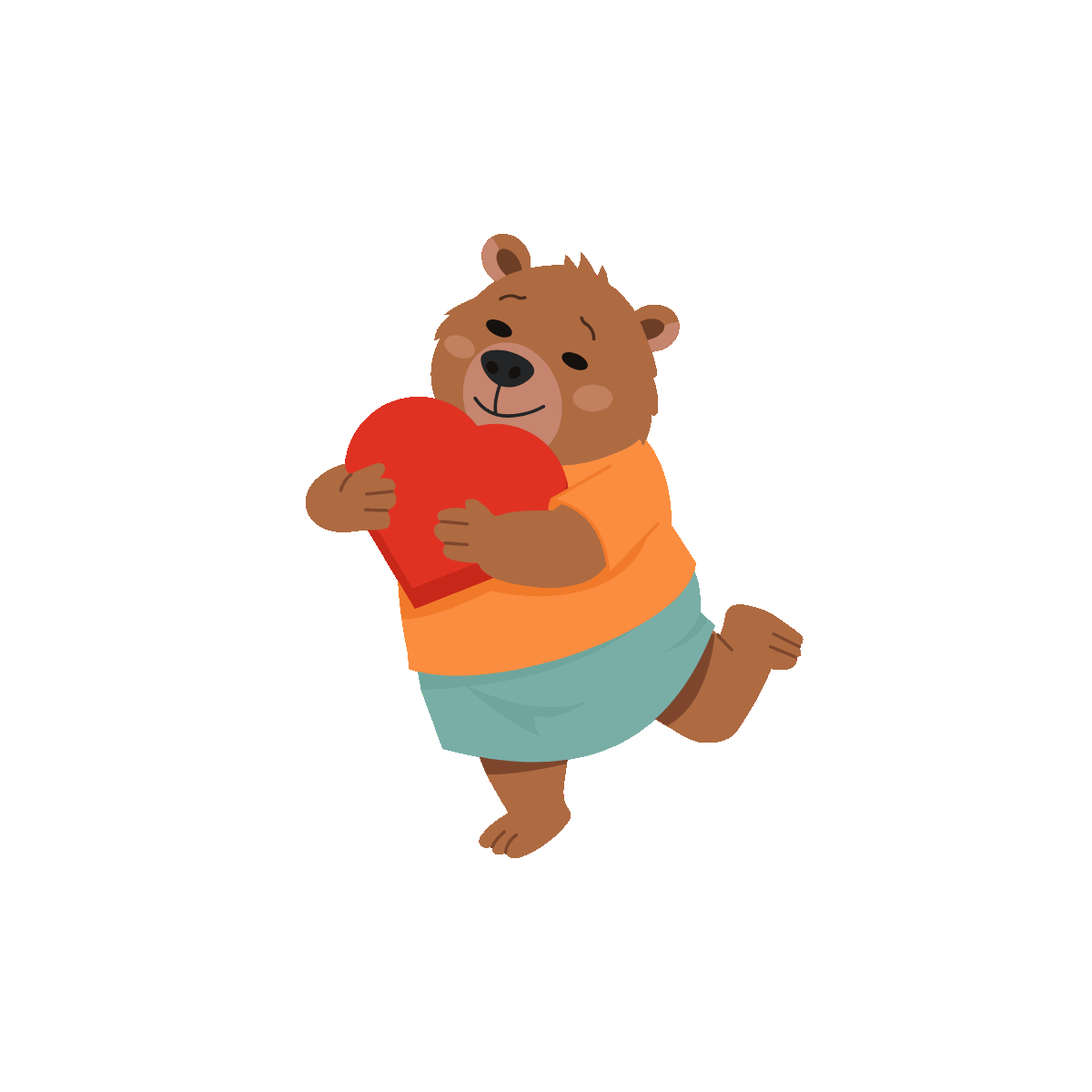 Affectionate bear hugs a bright red heart.