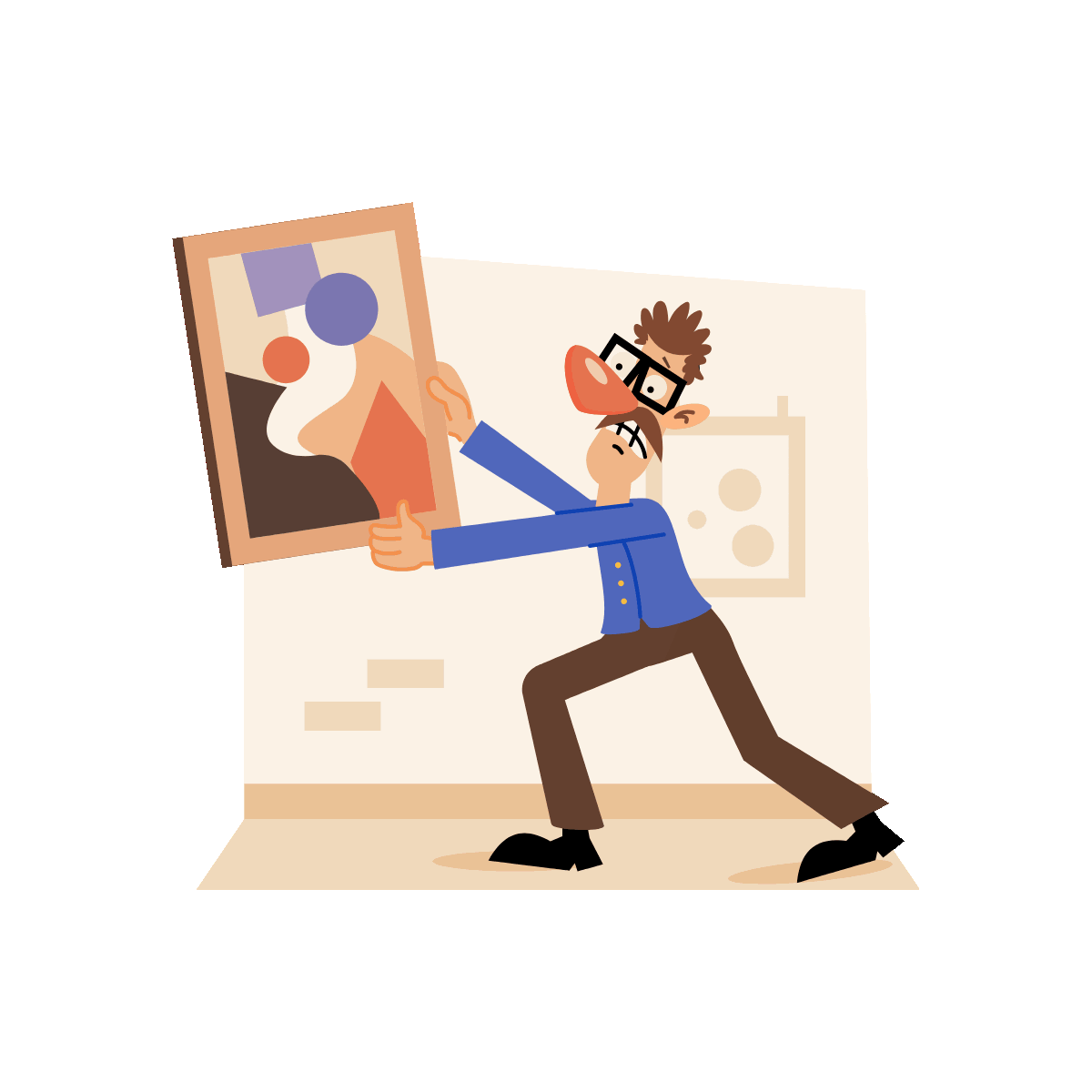 Animated art curator carrying a painting