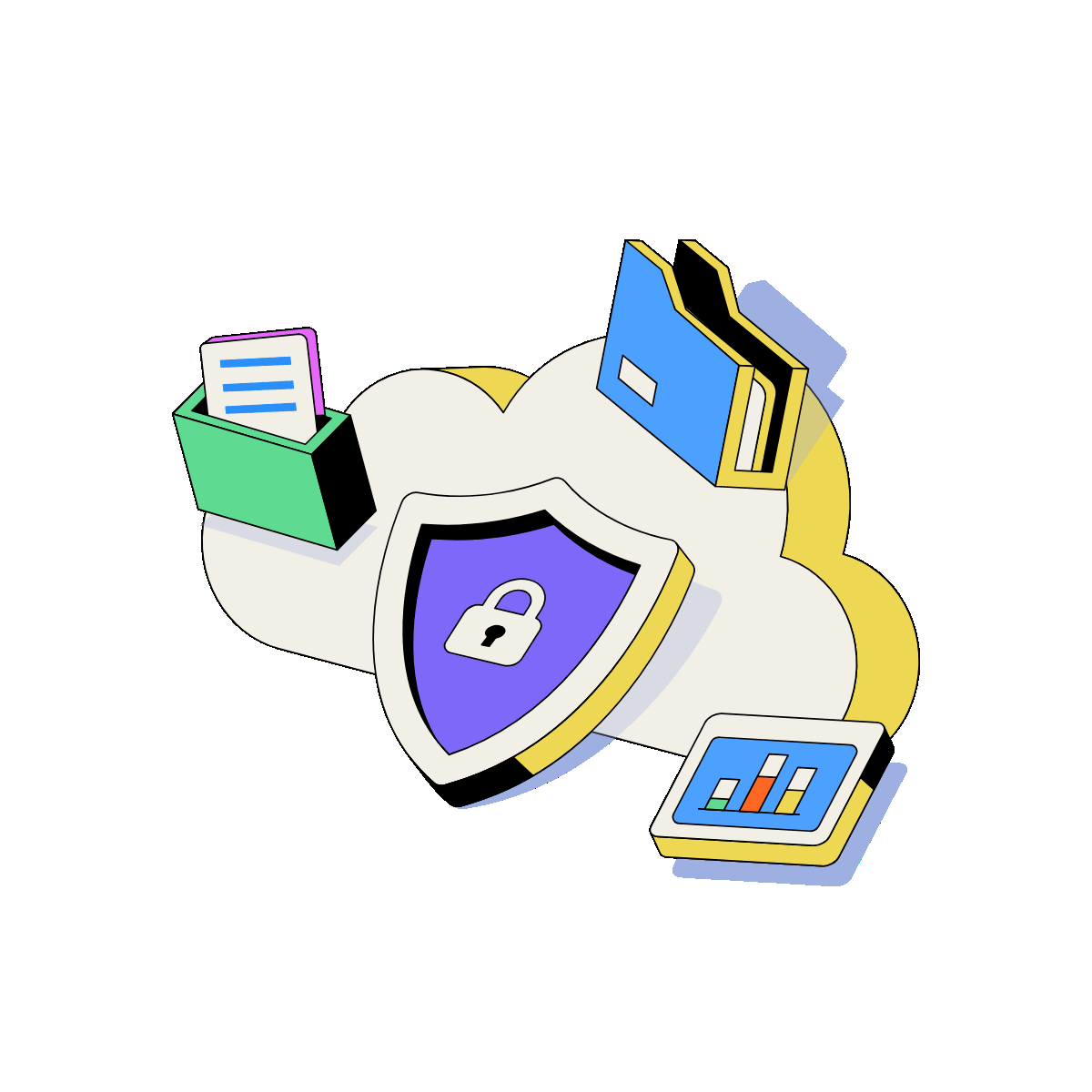 Cloud storage with a shield protecting uploaded digital files.
