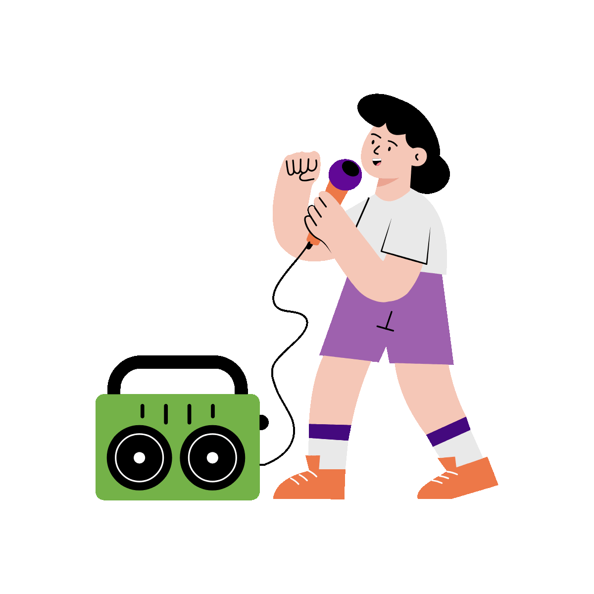 A flat style animated illustration showing kid enjoying karaoke
