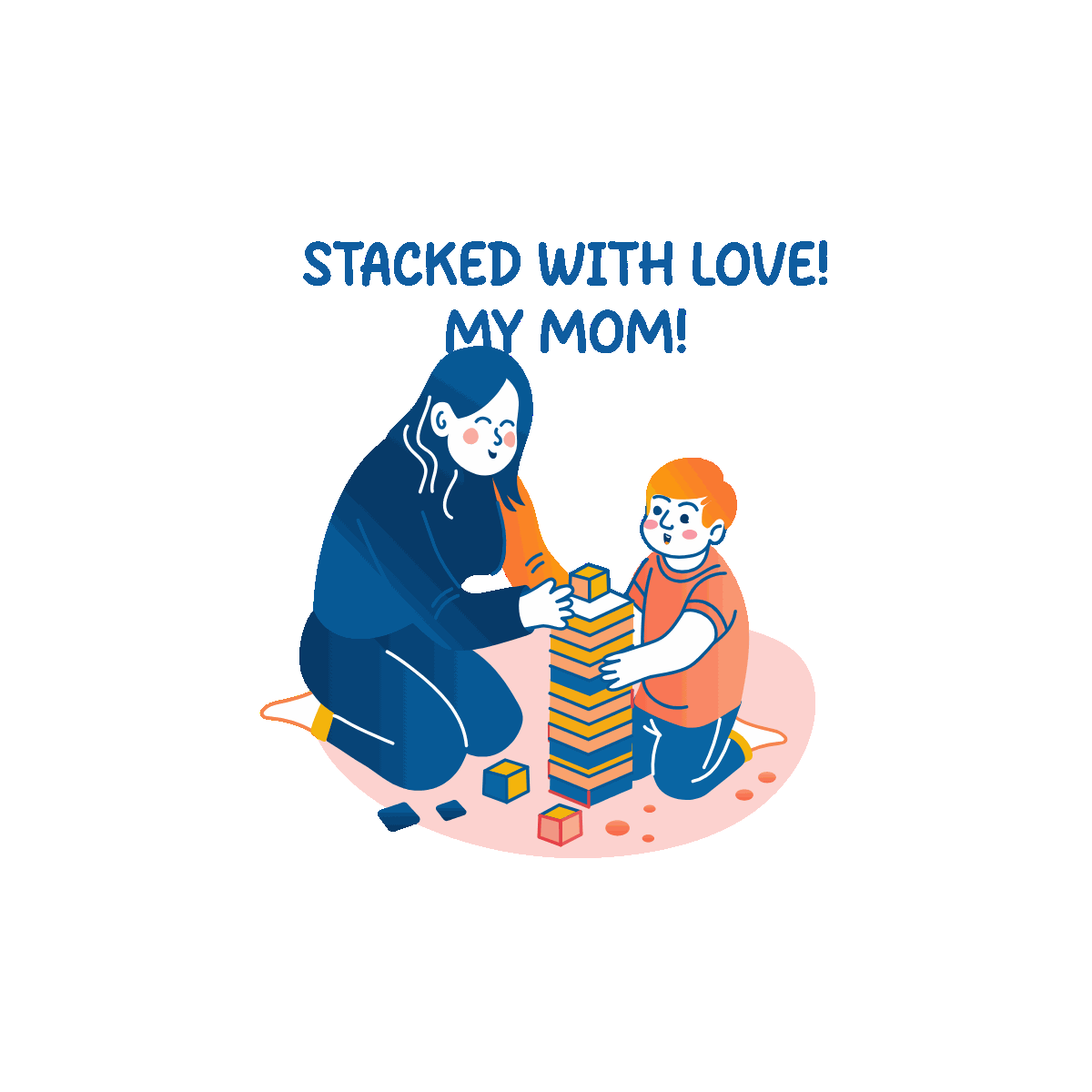 Animated kid playing a stack game with mom