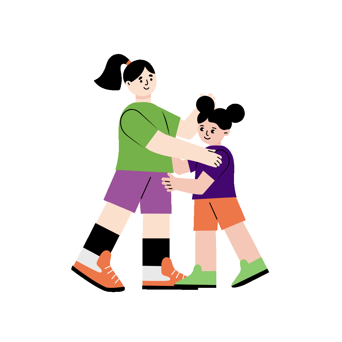 A flat style animated illustration showing a kid hugging