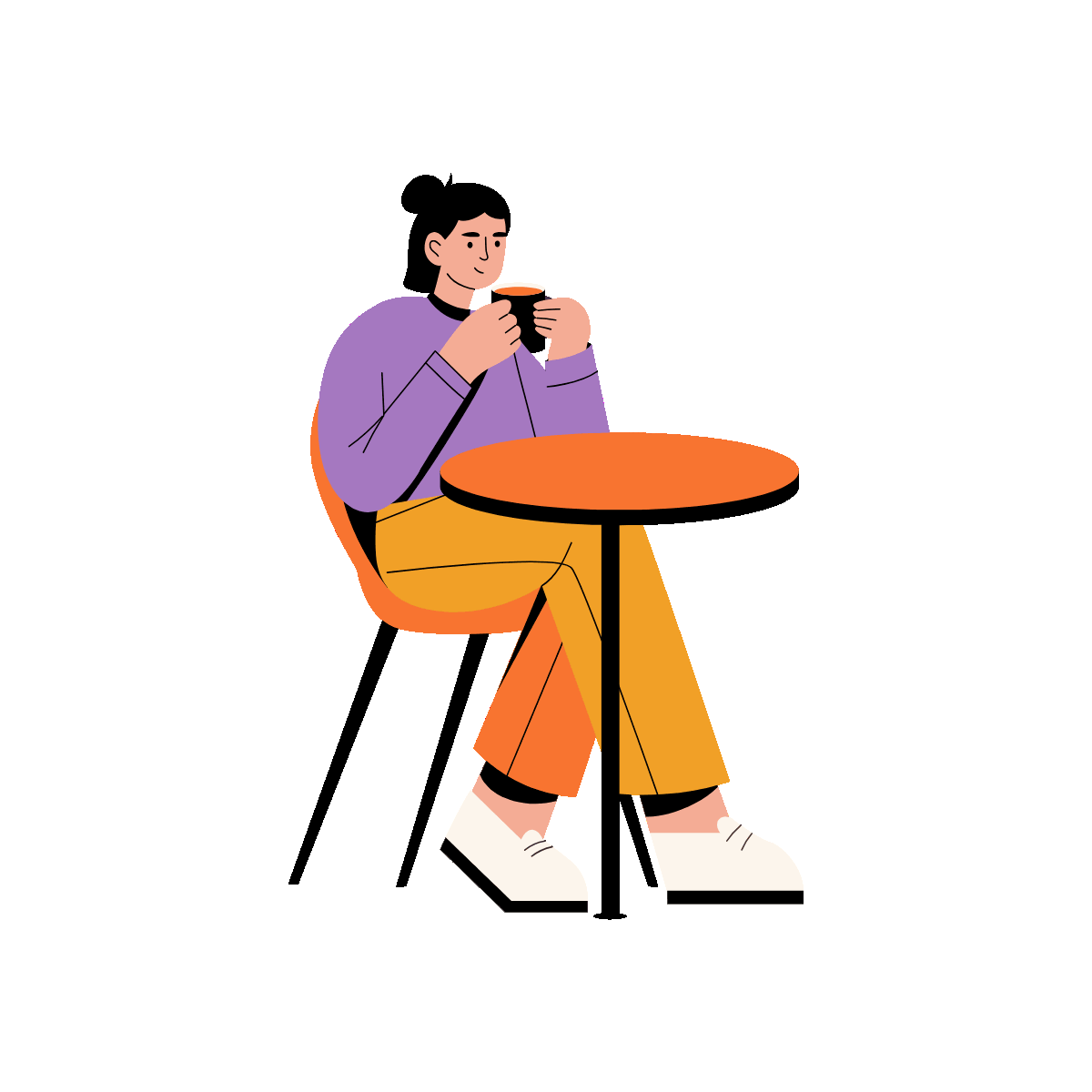 A flat style animated illustration showing a person drinking coffee