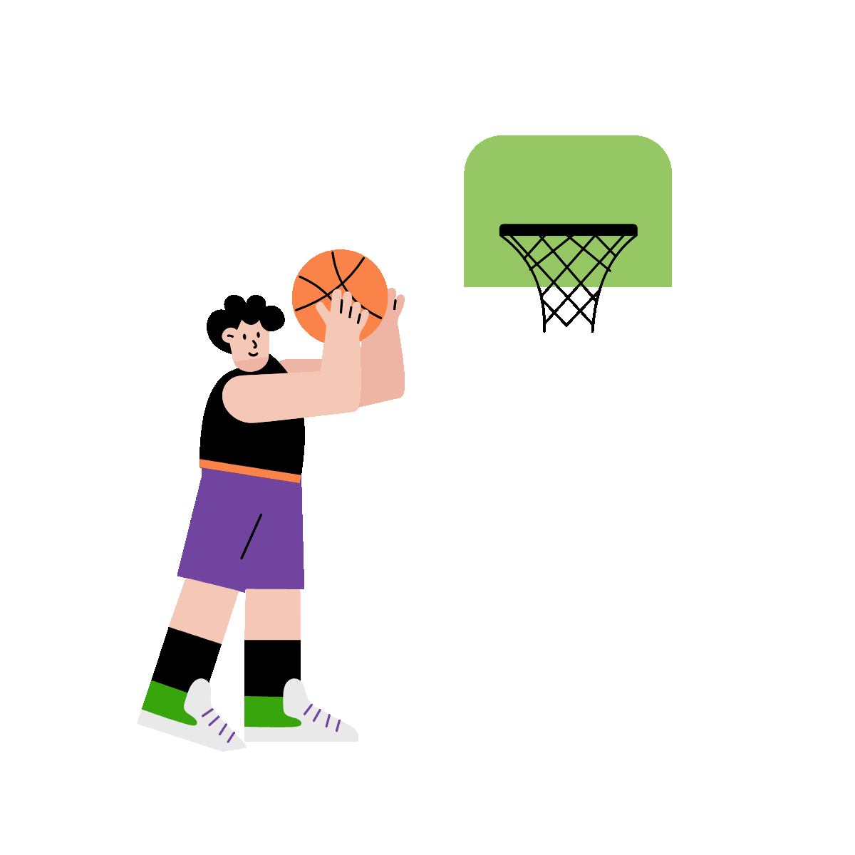 A flat style animated illustration showing a kid playing basketball
