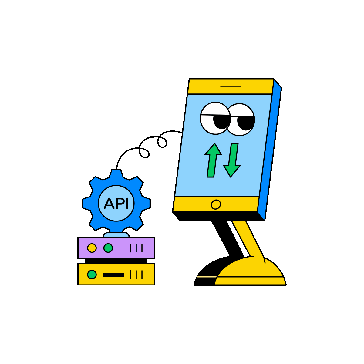 Screen character exchanging API data with server blocks in an animated flat illustration.
