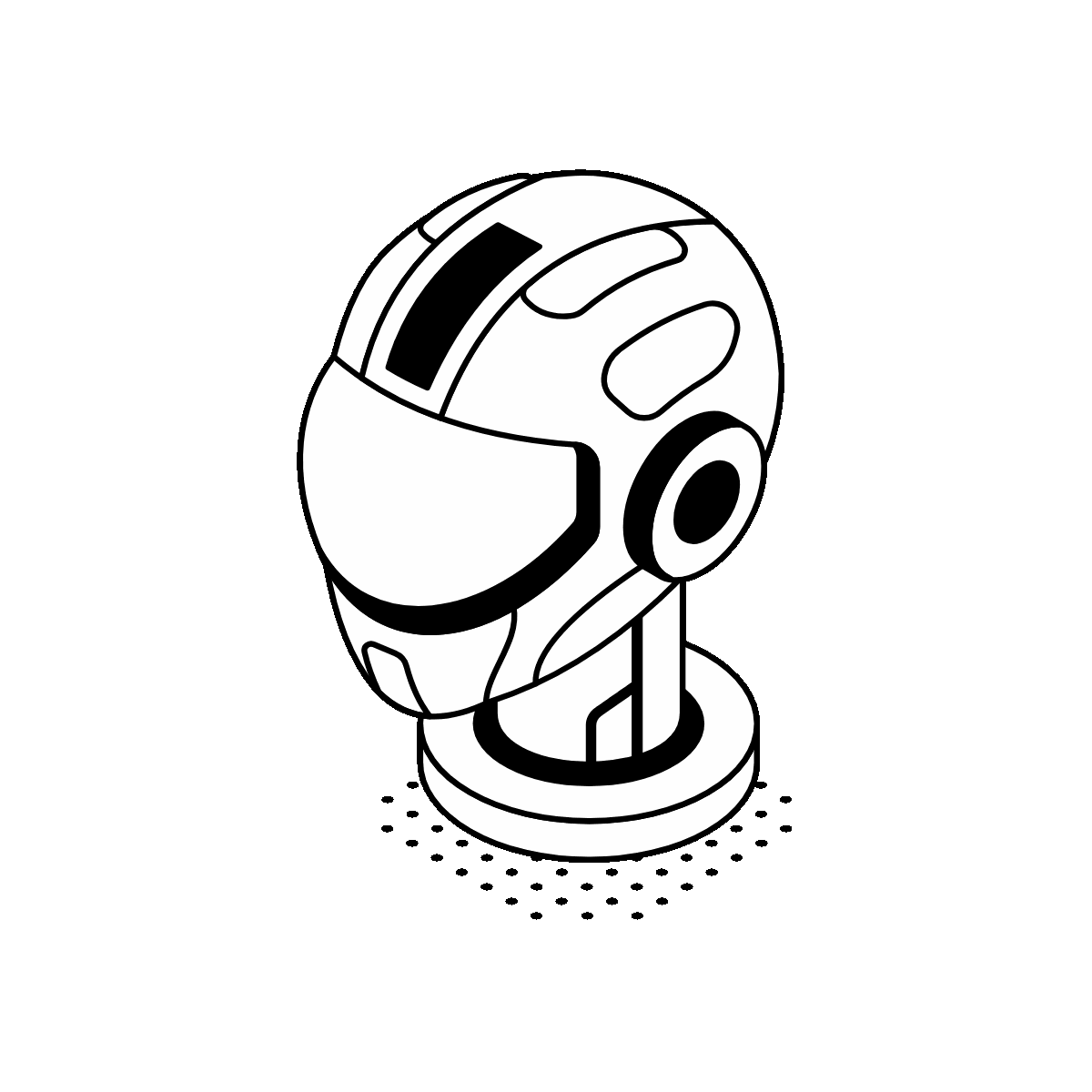 Robot helmet with a dark rounded visor.