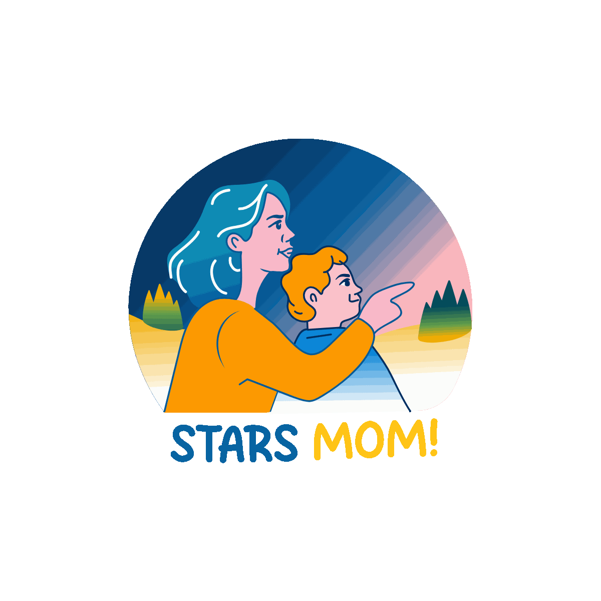 Animated mother and child gazing at stars