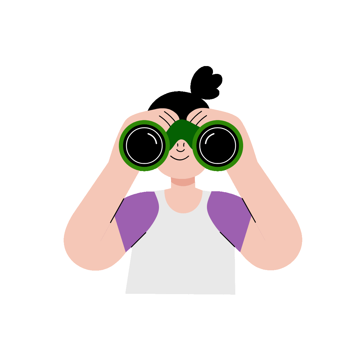 A flat style animated illustration showing a kid looking with binoculars