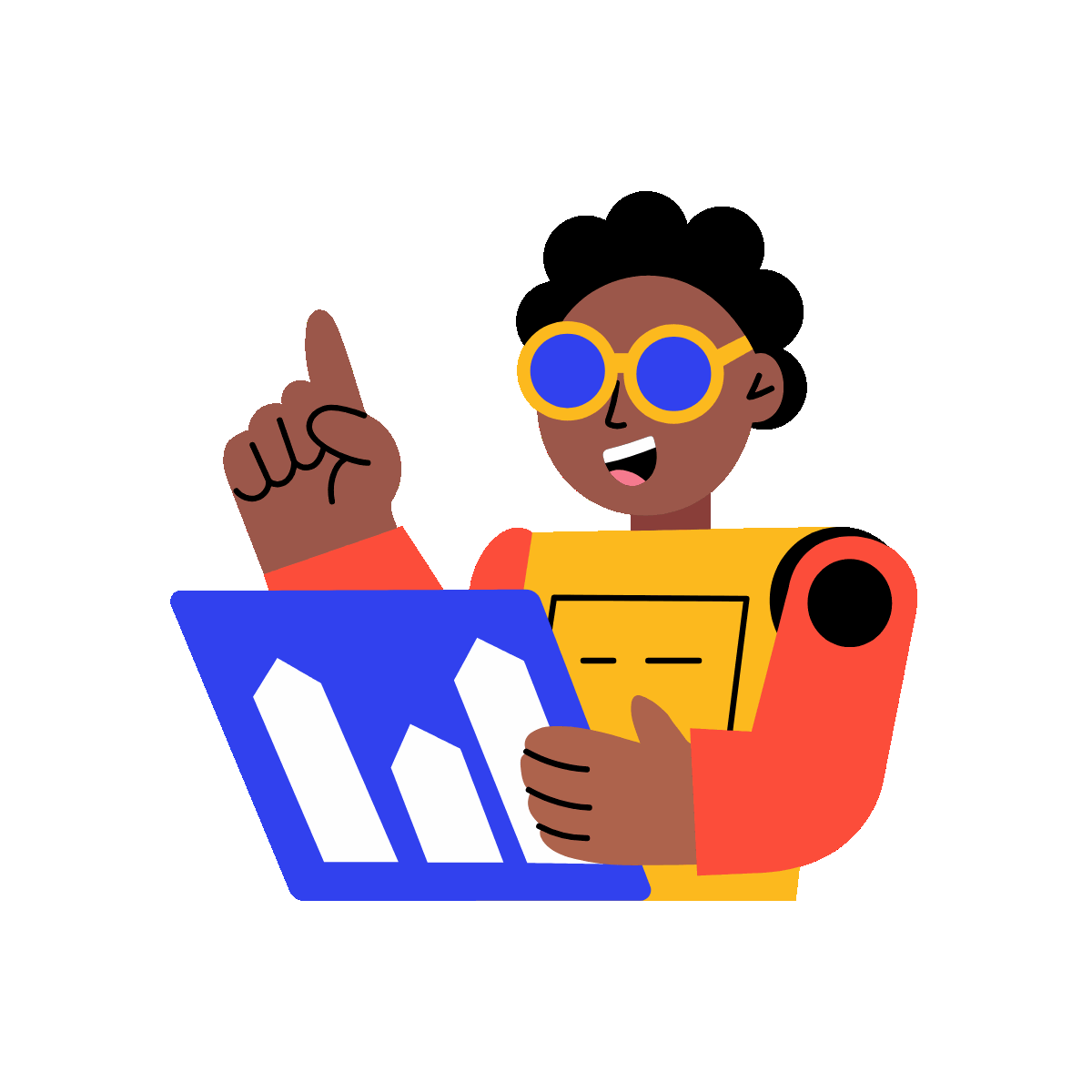 A flat style animated illustration showing a person processing data