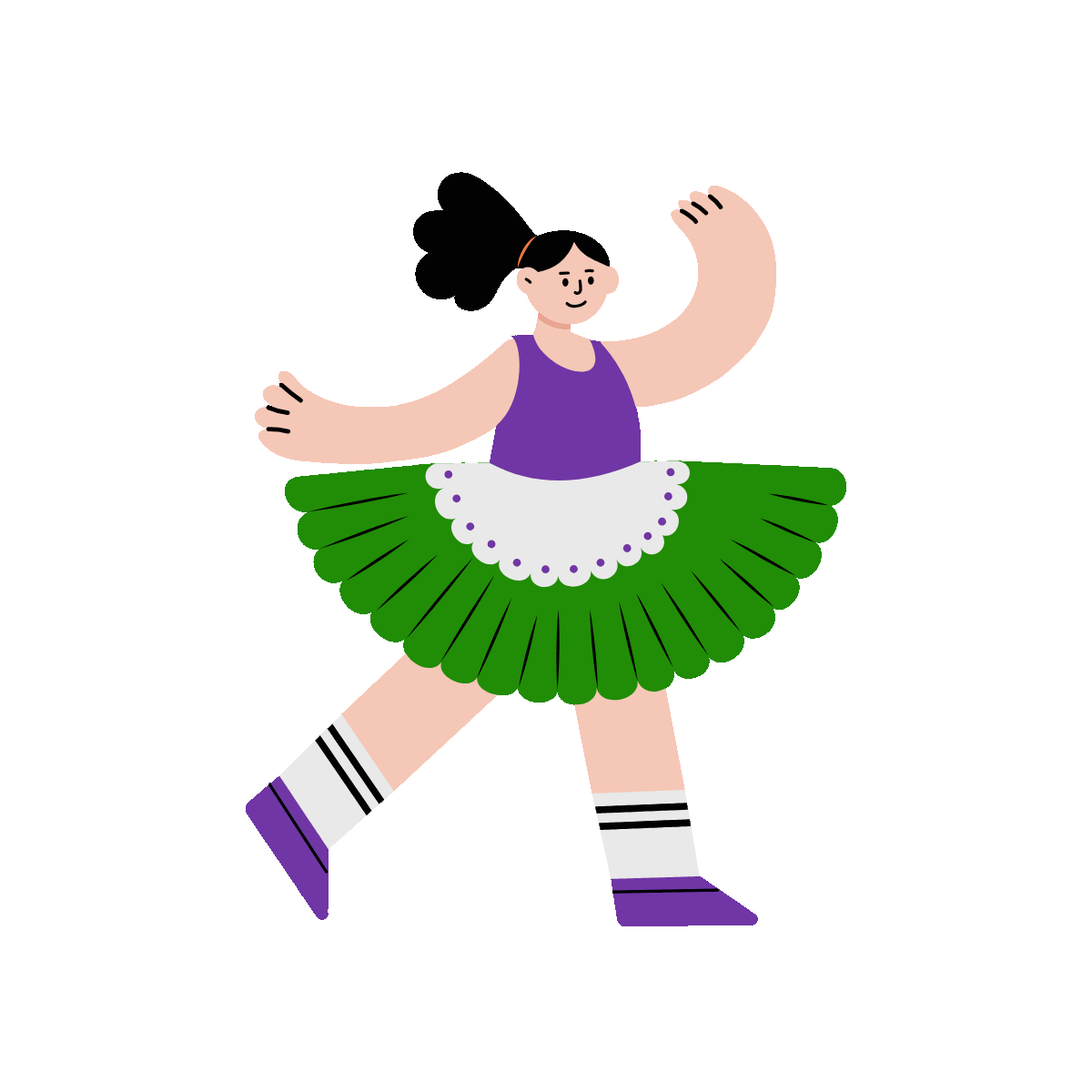 A flat style animated illustration showing a girl dancing
