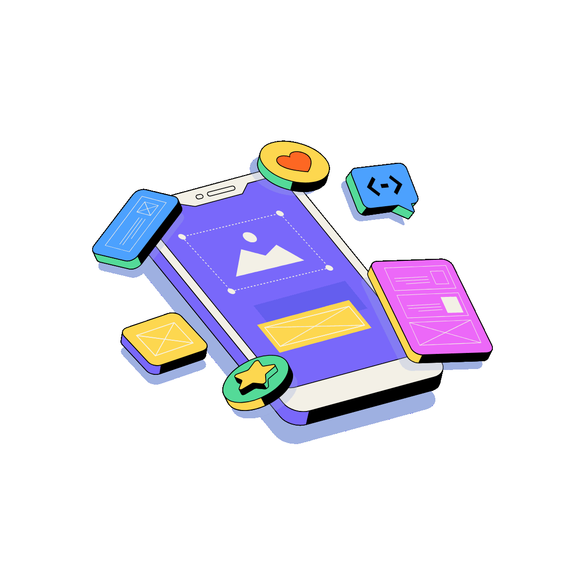 Flat interface wireframe with screens, layout blocks, and design tools.