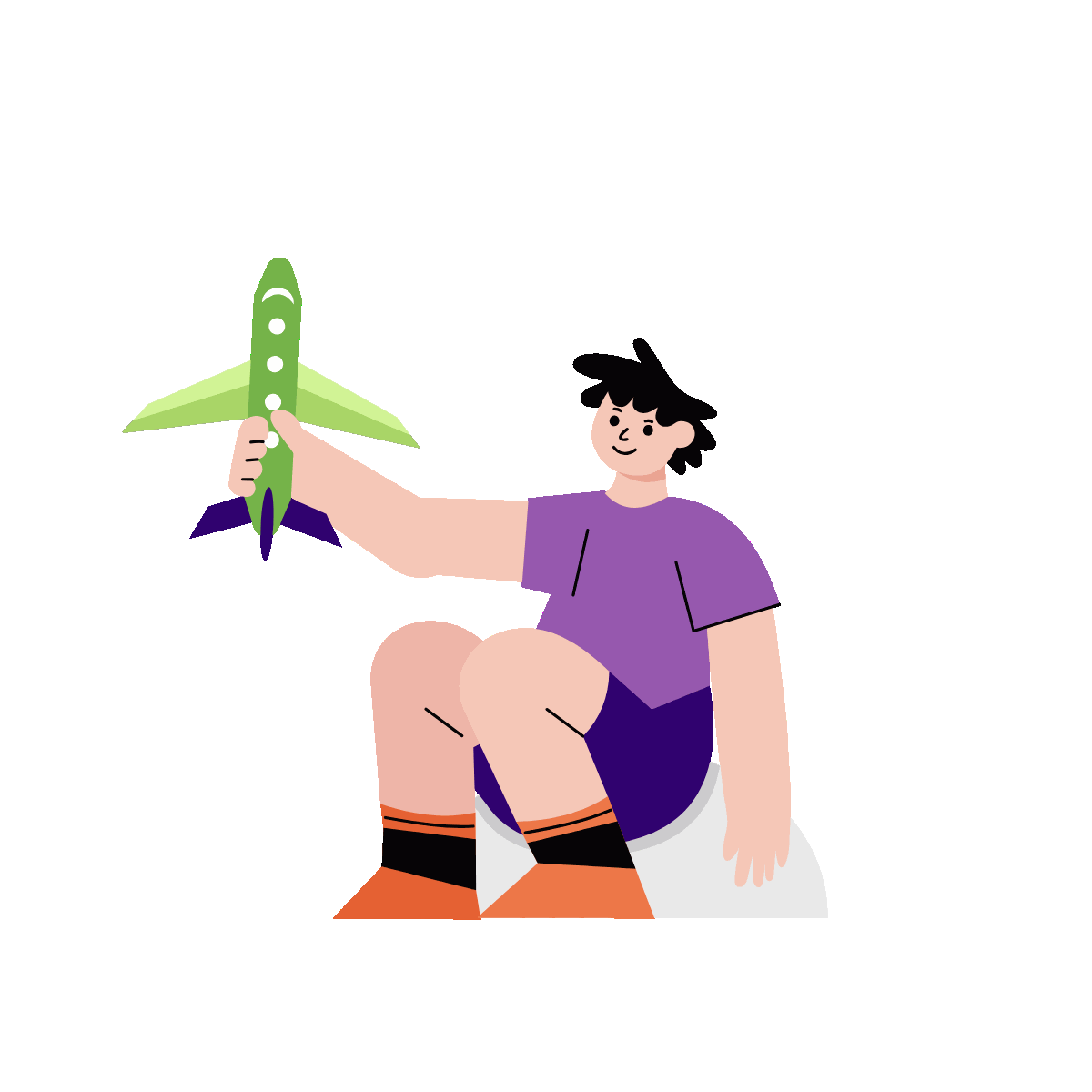 A flat style animated illustration showing a boy playing with airplane toy