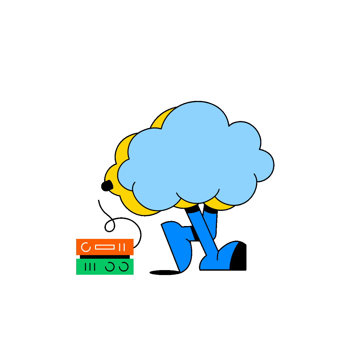 Cloud character syncing API data with gear and server units in an animated flat illustration.