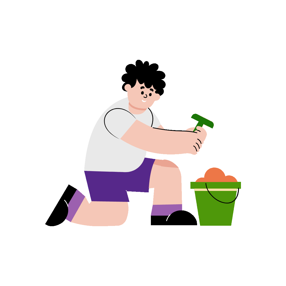 A flat style animated illustration showing a child doing gardening
