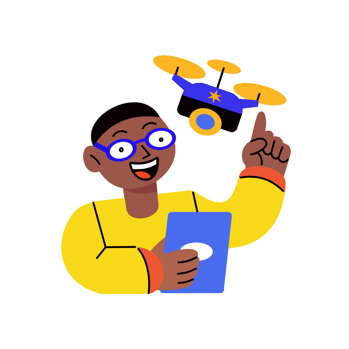 Flat style animated illustration showing a character flying an ai drone