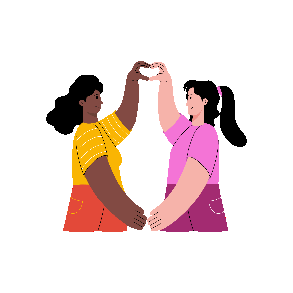 A flat style animated illustration showing friends making heart
