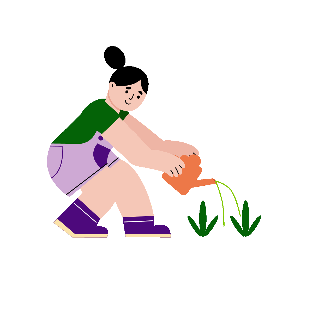 A flat style animated illustration showing a kid watering plants