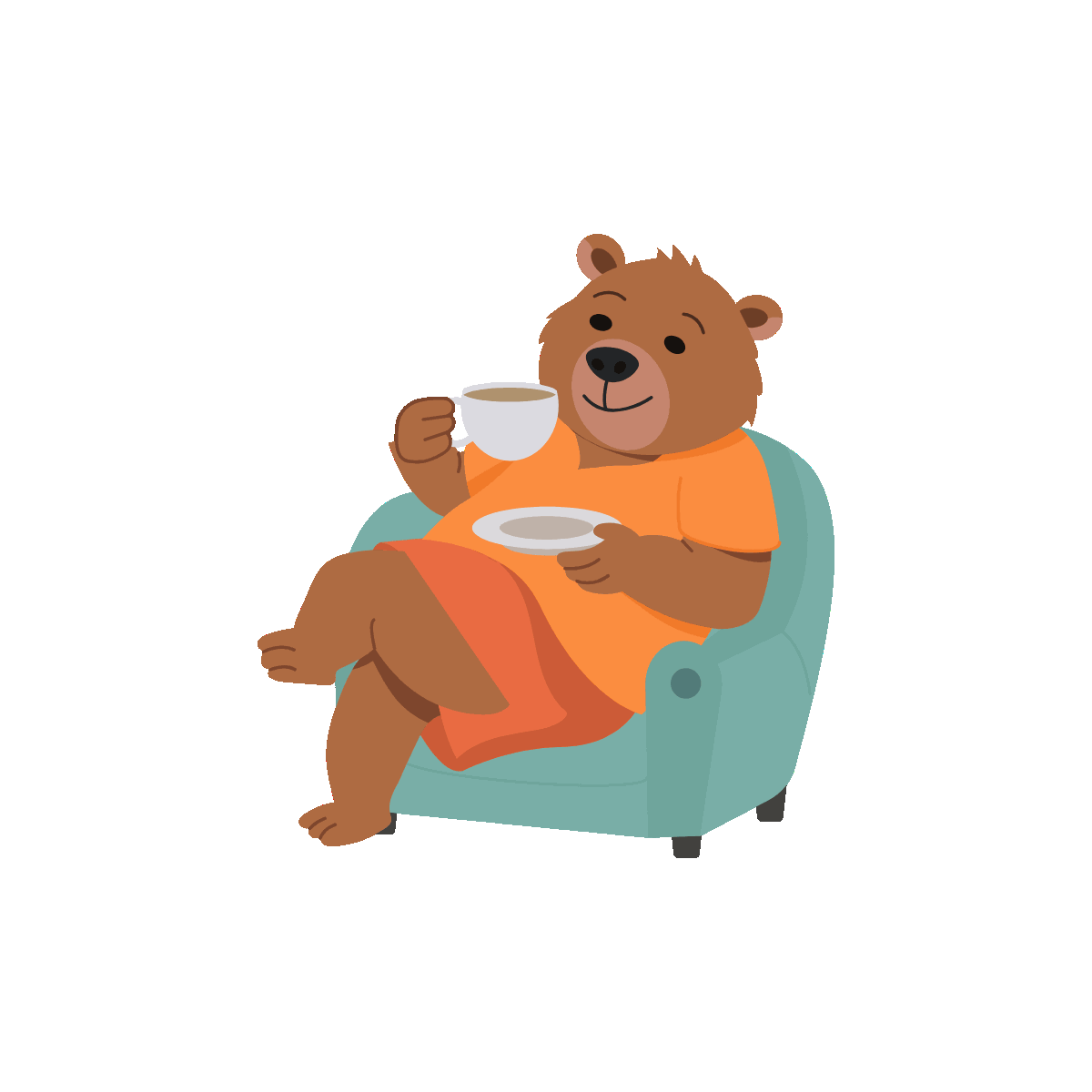 Relaxed bear enjoys coffee while seated.