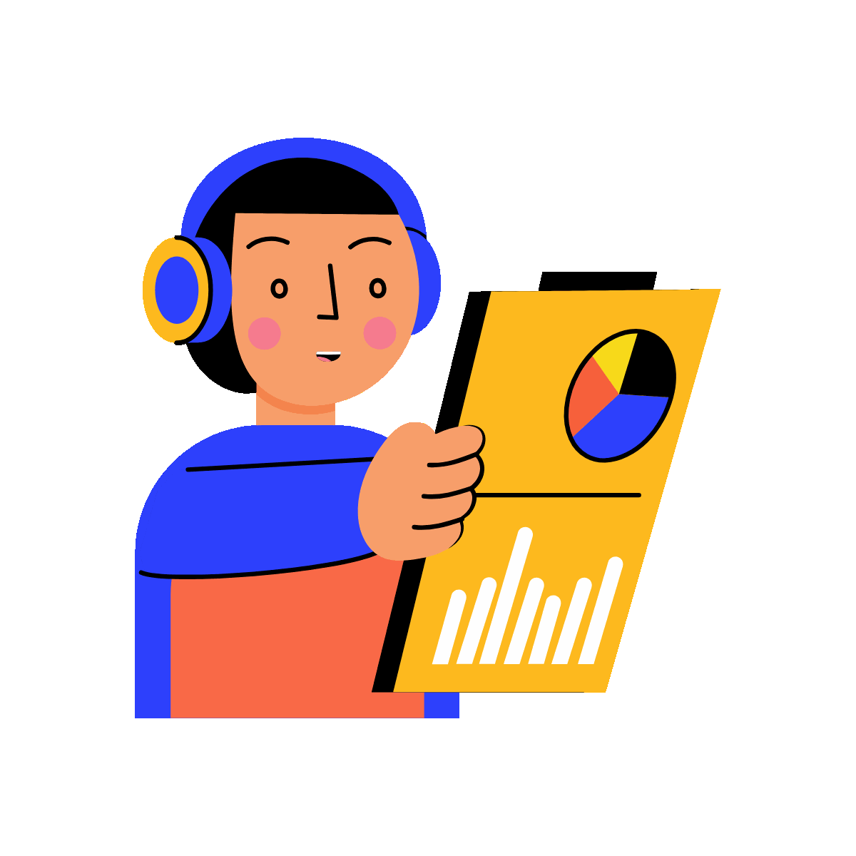 A flat style animated illustration showing a person holding sales chart