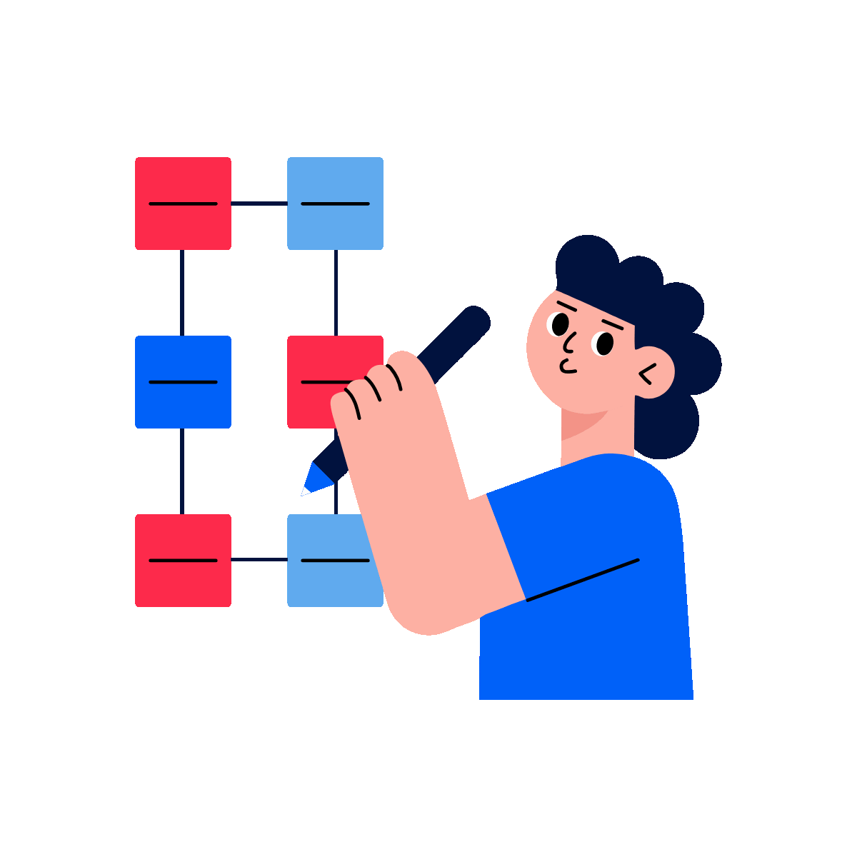 A flat style animated illustration showing character doing data mapping