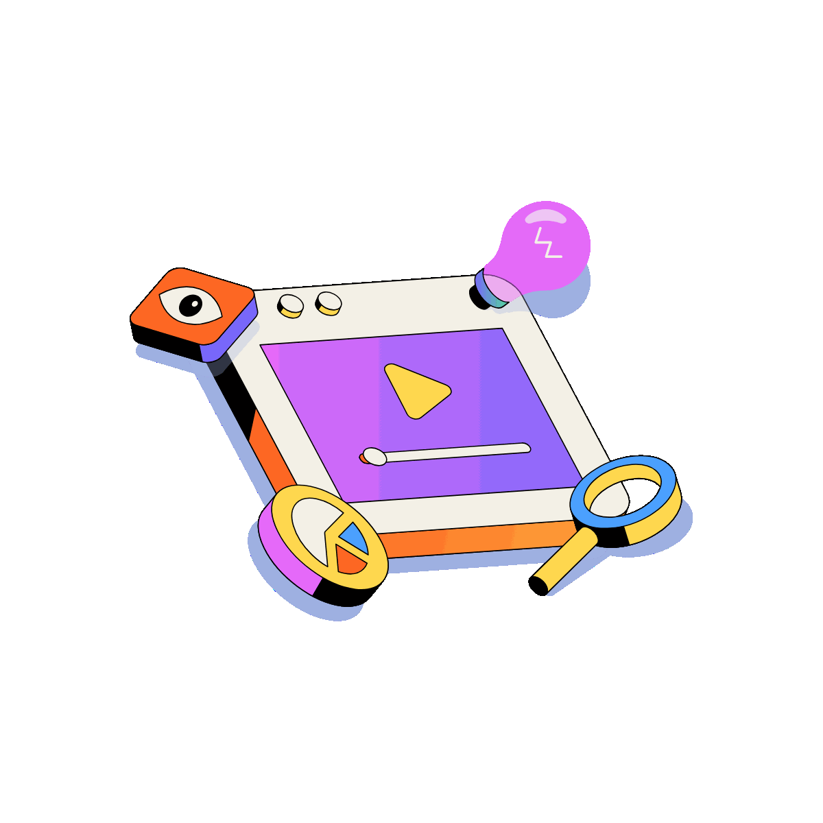 Flat illustration of a video with marketing elements, search tools, and media optimization icons.