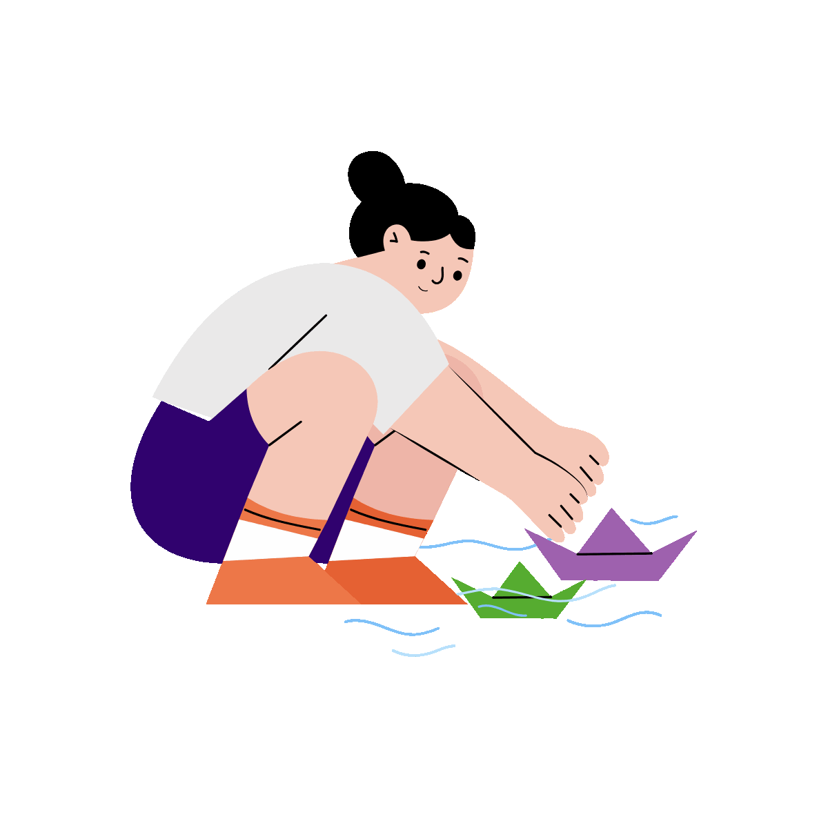 A flat style animated illustration showing a kid playing with paper boats