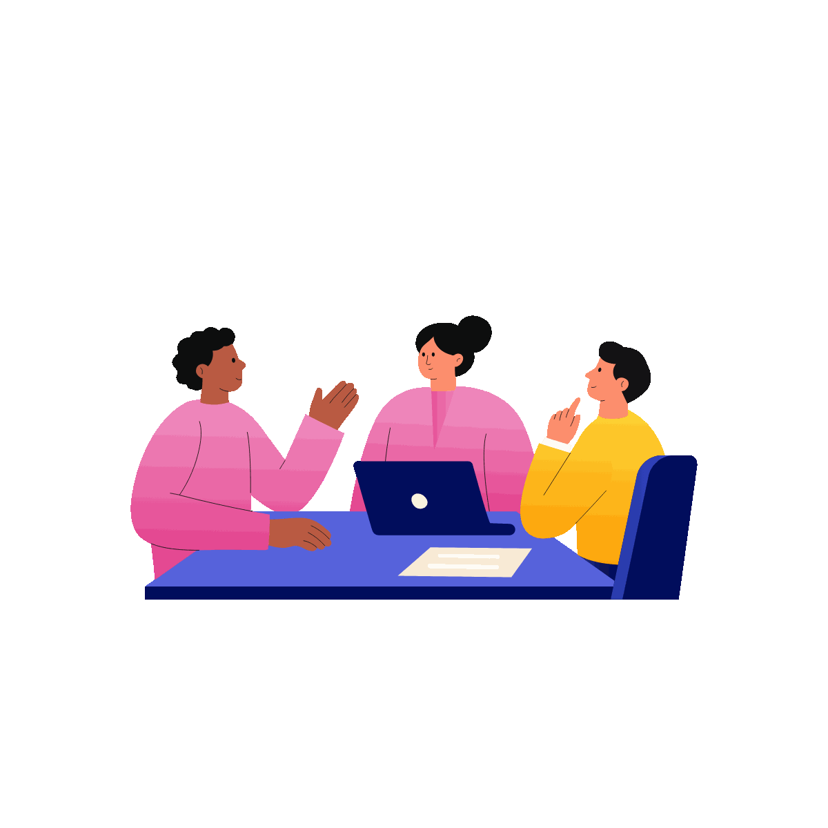 Colleagues discussing tasks around a laptop
