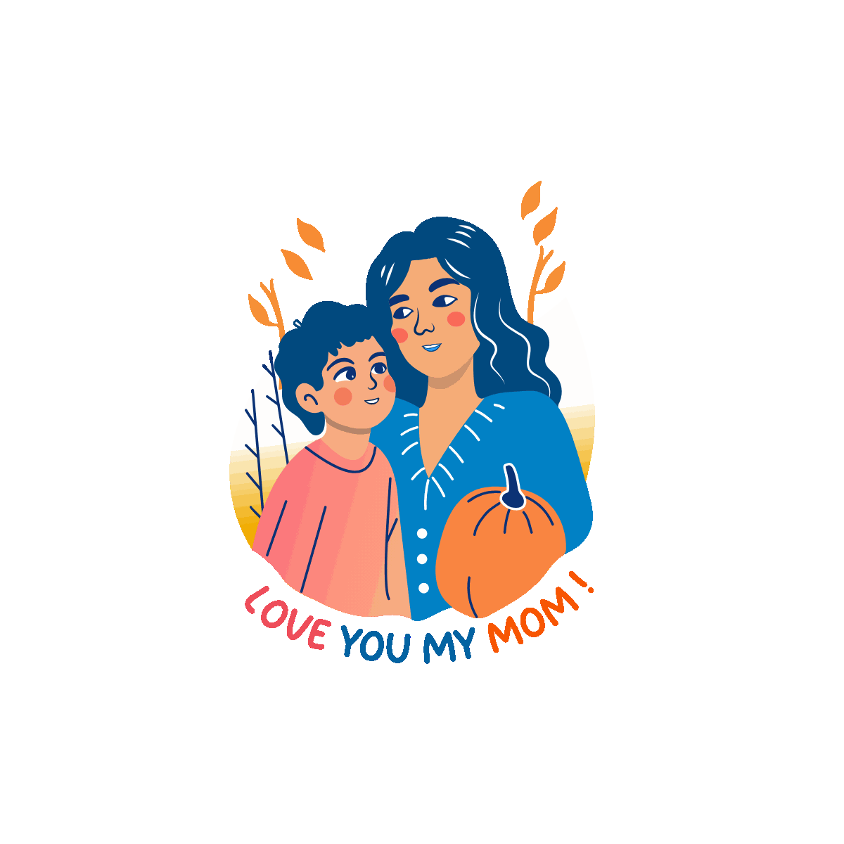 Animated cuddling mom sticker in flat style