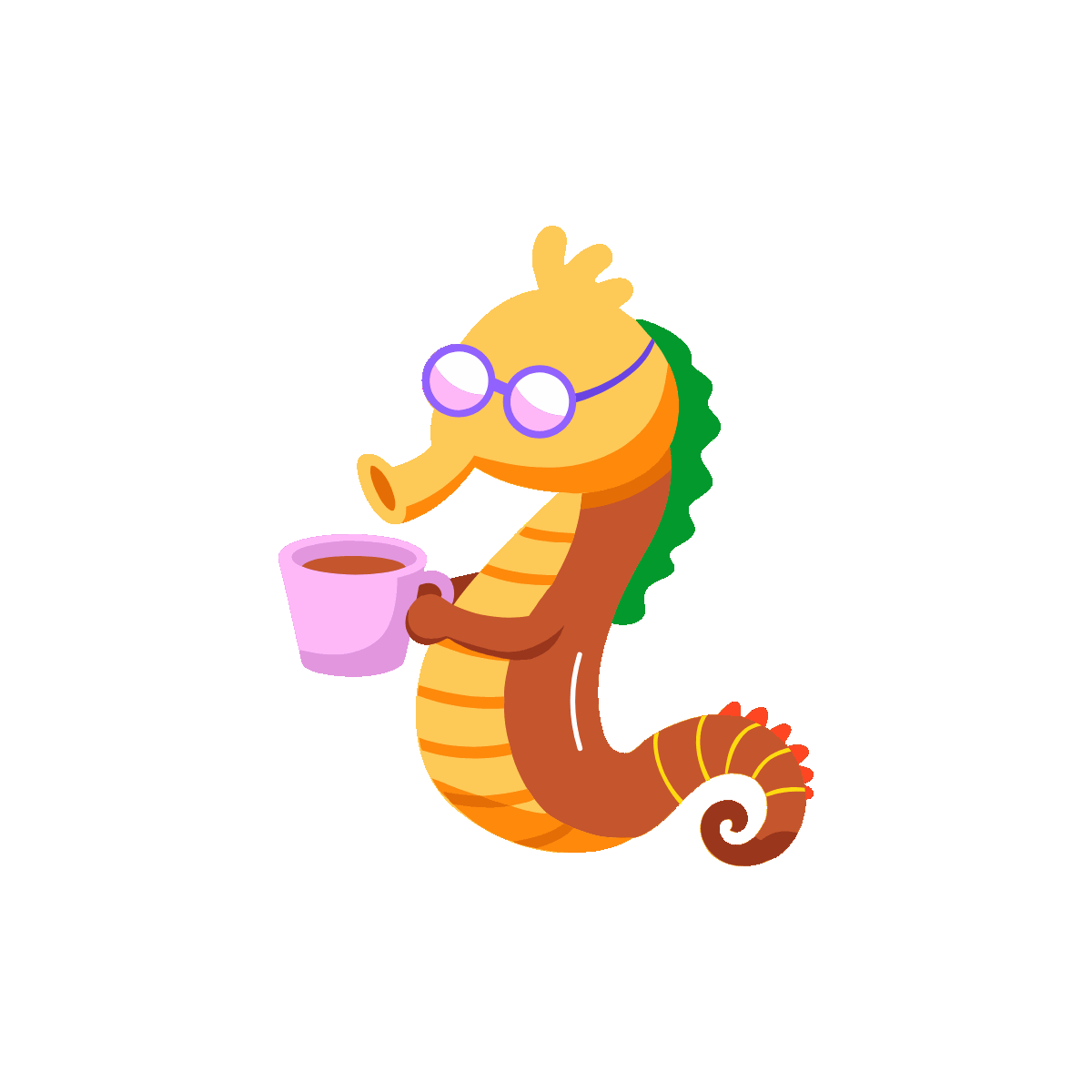Flat animated seahorse drinking coffee icon