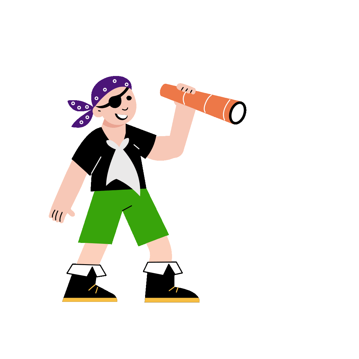 A flat style animated illustration showing a kid wearing pirate costume
