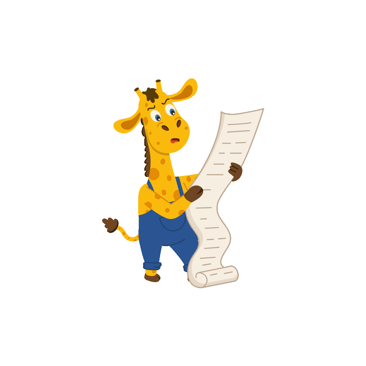 Giraffe Reading a Long Paper Scroll