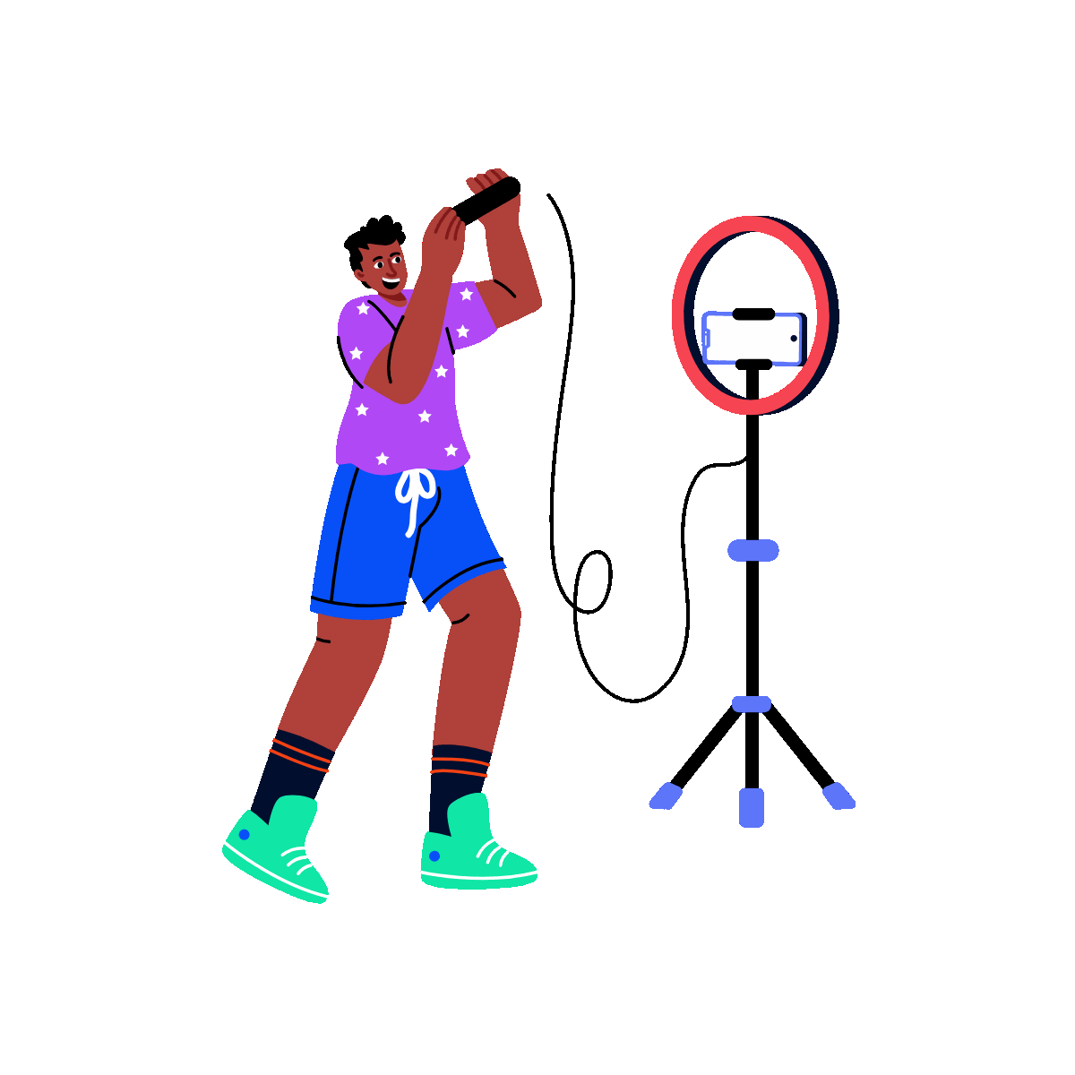 A flat style animated illustration showing a person doing video recording