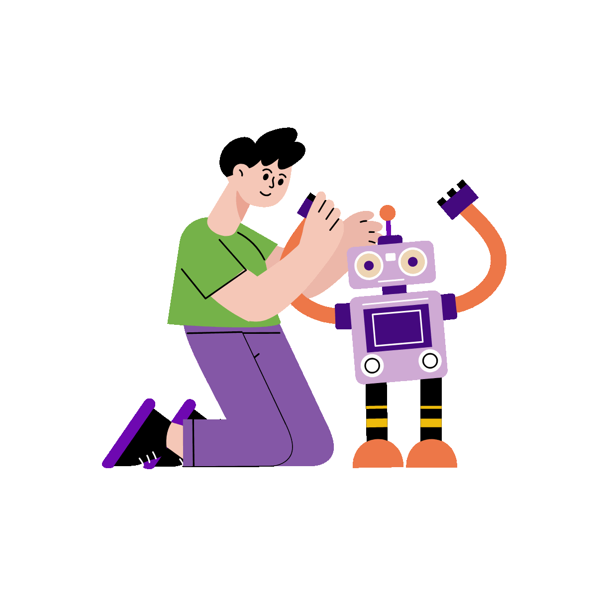 A flat style animated illustration showing a character building bot