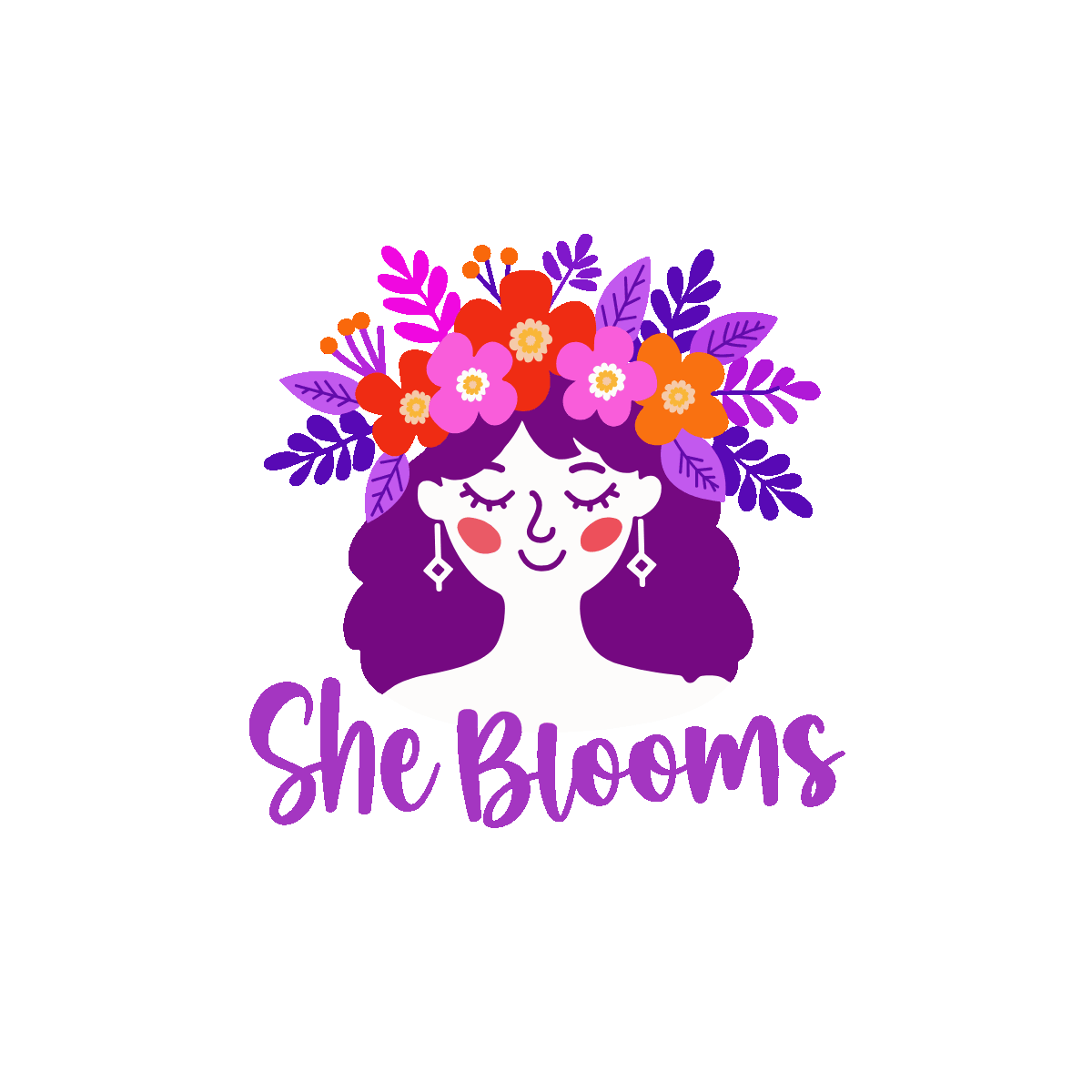 she blooms, , calmness, girl, flowers, lettering, typography, words, font, text, flat, vector