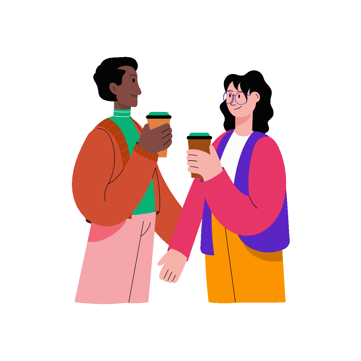 A flat style animated illustration showing two friends drinking coffee