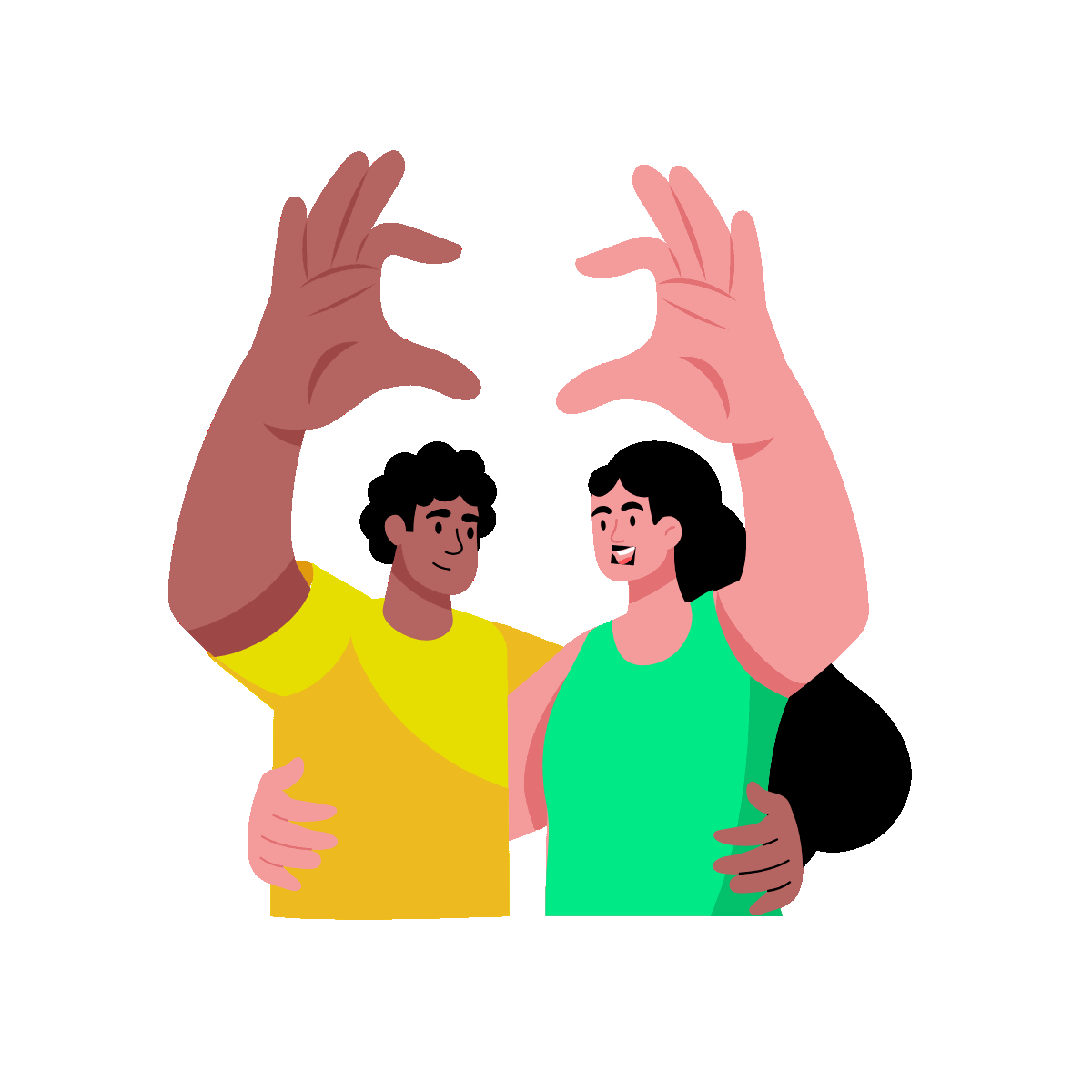 A flat style animated illustration depicting characters making heart with hands