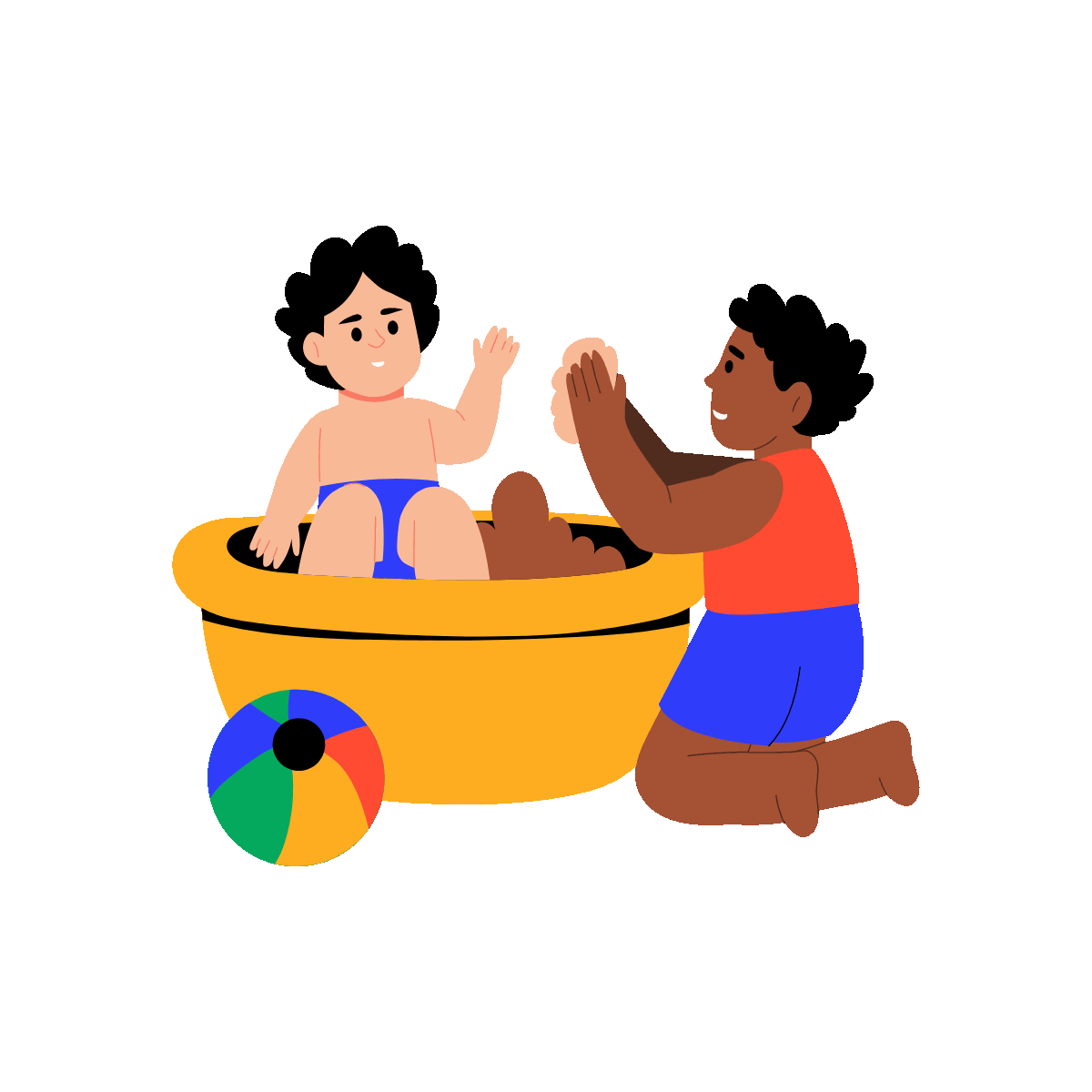 A flat style animated illustration showing toddlers playing