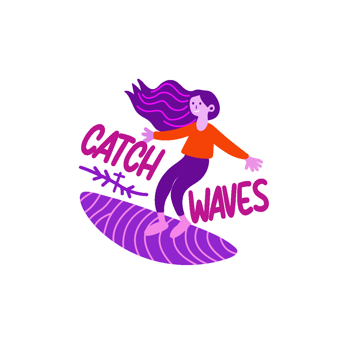 catch waves, waves, , surfboarding, enjoying, lettering, typography, girl, words, font, text, flat