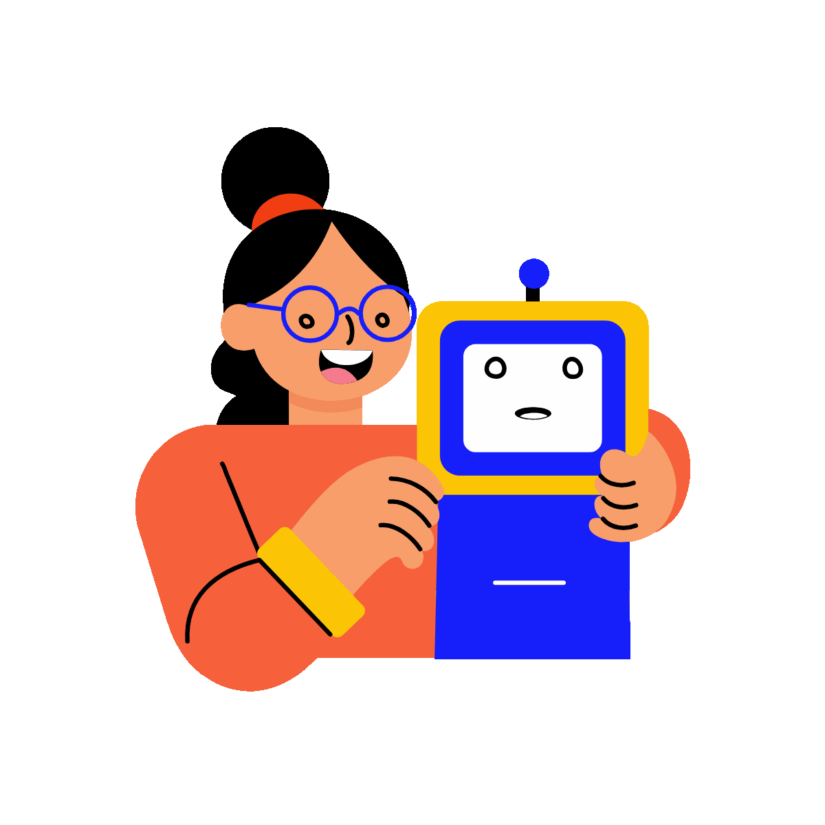 A flat style animated illustration showing a person with ai assistant