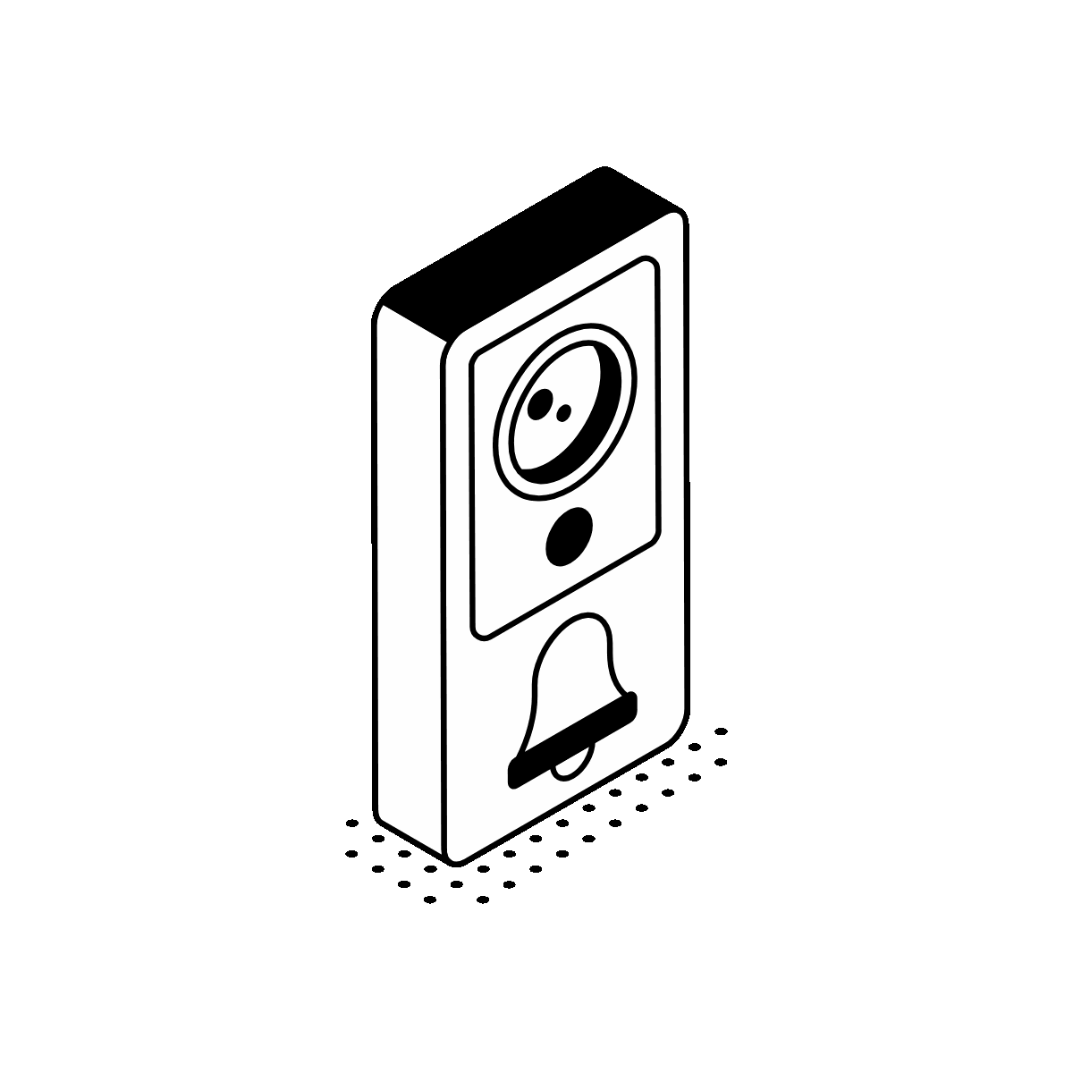 Video doorbell with a camera and button.