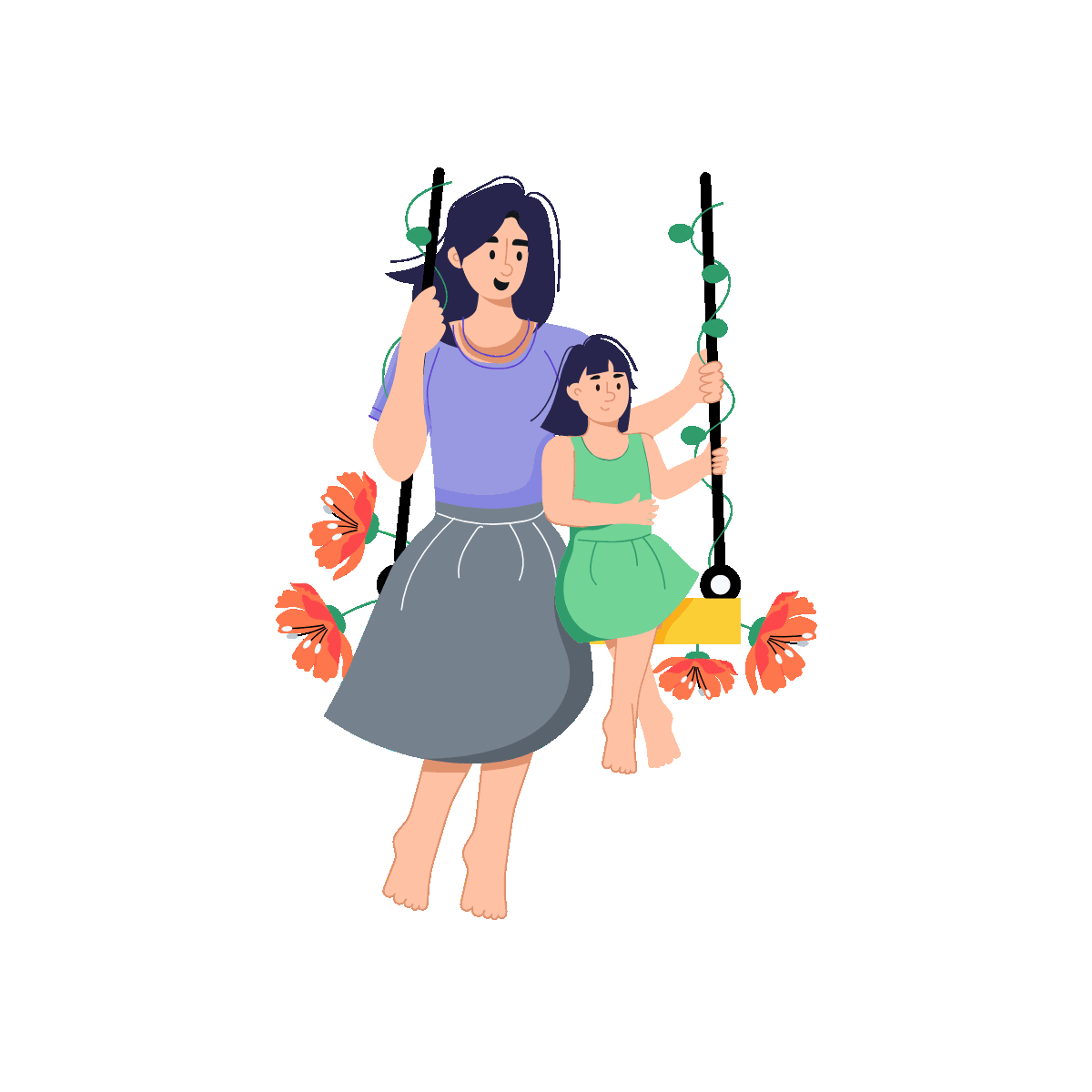 Flat Animated Mother Daughter Swinging Design