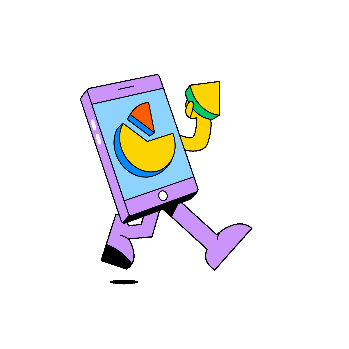Animatedmobile character presenting a colorful pie chart and report card,